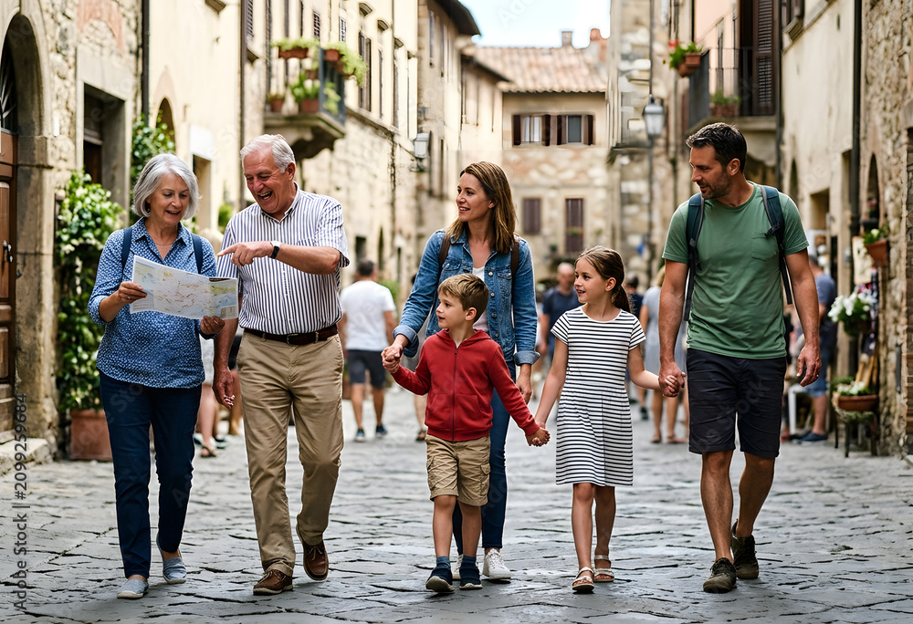 Obraz premium Happy multi-generational family exploring historic European village together