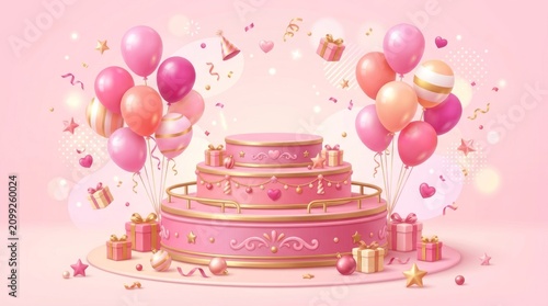 A pink and gold cake with balloons and gift boxes on a pink background.