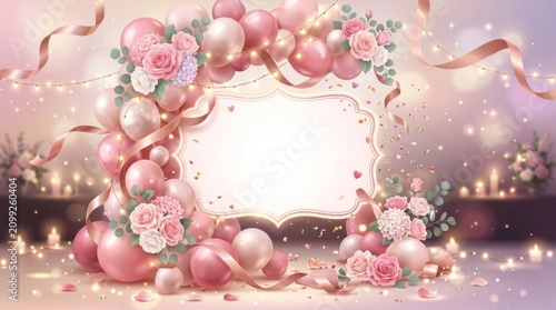 A pink and gold balloon frame with roses and confetti on a blurred background.