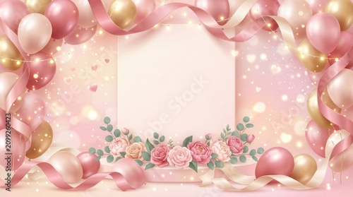 A pink and gold balloon frame with roses and confetti on a pink background.