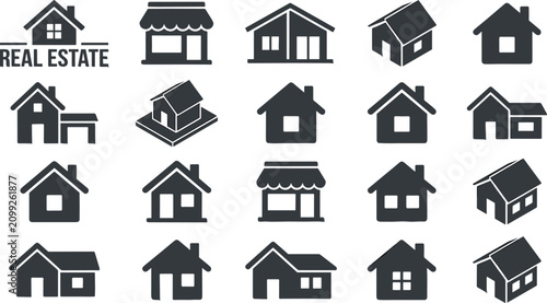 Real Estate and Property Outline Vector Icon Collection Featuring House, Building, Mortgage, Home Search, Construction, Rental and Investment Symbol