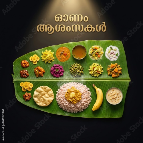 Traditional kerala onam sadya feast served on a green banana leaf with malayalam text greeting, featuring rice, curries, fried banana chips, and payasam against a dark background