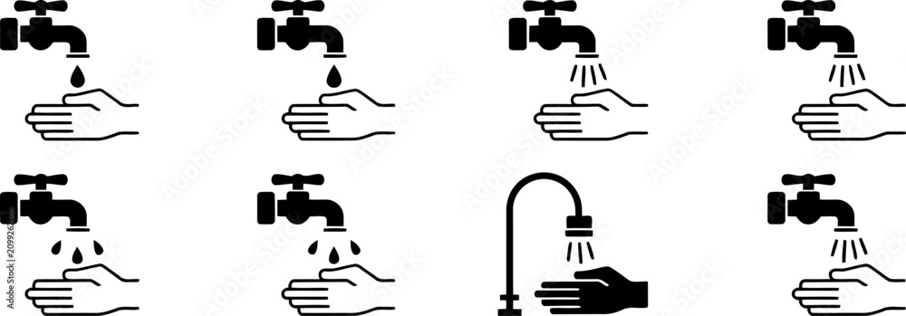 Naklejka premium Collection of eight black and white depicting hand washing steps and water flow water tap vector, icon set, transprent background,