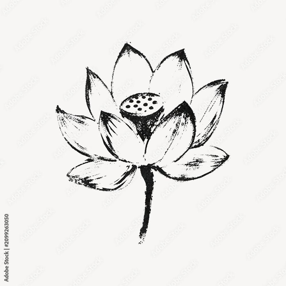 Fototapeta premium A minimalist black and white hand-drawn lotus flower ink sketch. High-quality perfect for zen-themed designs, botanical art, and elegant stationery.