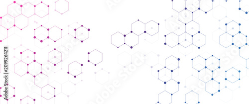 Molecular structure abstract tech background. Geometric Vector banner design with blue gradient hexagons. Science network pattern, connecting line and dot Medical background, Vector illustration.