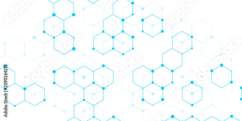 Molecular structure abstract tech background. Geometric blue background. Vector banner design with hexagons. Science network pattern, connecting lines and dots Medical background, Vector illustration.