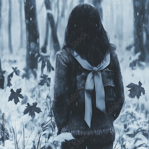 Solitary figure in a snow-covered, misty forest
