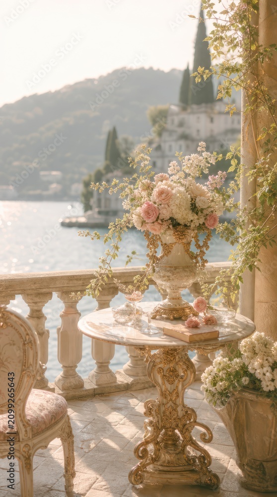 Obraz premium Elegant terrace with floral decor overlooking serene waters, ideal for mobile wallpaper.