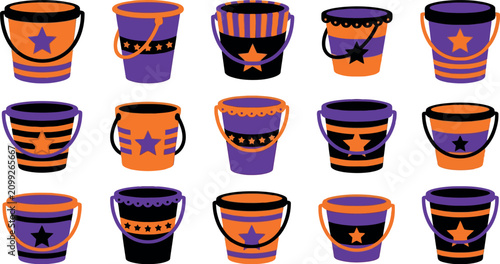 Halloween pail collection orange and purple buckets with star decorations