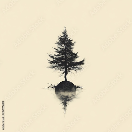 Solitary tree silhouette, tranquil, minimalist art.  A single dark silhouette of a conifer tree, rooted on a small, misty island, reflected in the gentle mist.  Peaceful, isolated, and serene