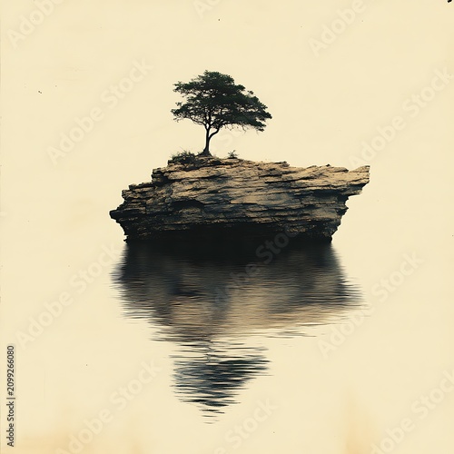 Solitary tree on a small island, reflected in calm water.  A serene and isolated landscape
