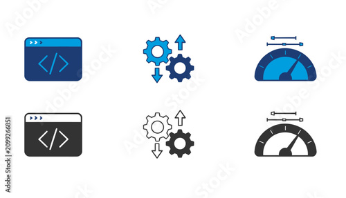 Software development icons coding optimization and performance monitoring visual set