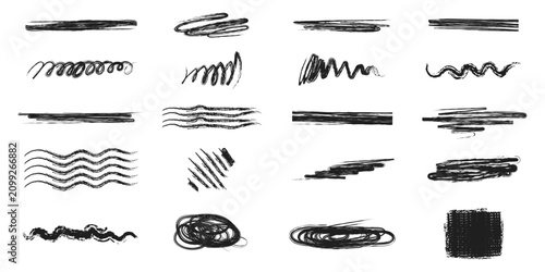 Black, red and white underline chalk brush strokes with pencil line crayon texture for hand drawn designs and markings. Rough wavy zigzag patterns or straight horizontal elements on isolated  back.