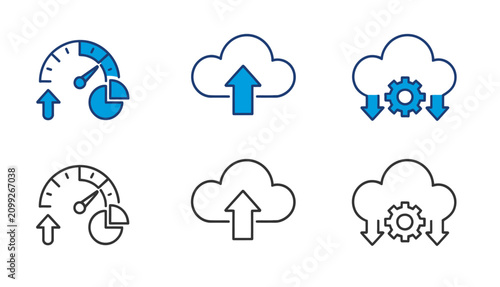 Cloud speed optimization icons performance metrics data transfer and system configuration visuals