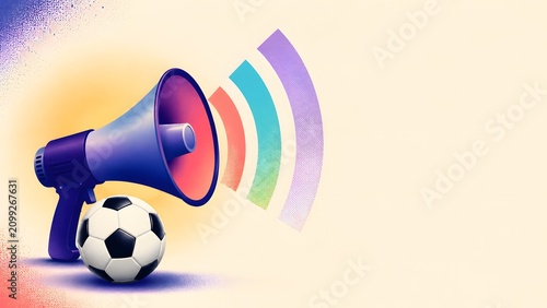 Football sports article illustration featuring a classic soccer ball beside a colorful megaphone broadcasting sporting announcements, match news, promotional messages, and fan communication 