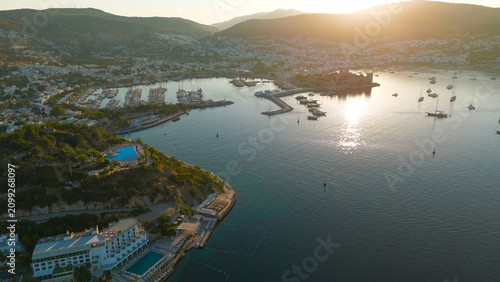 Bodrum, Turkey. Aerial drone view of Gokova Bay coastline with numerous yachts and turquoise water. Scenic maritime landscape of Turkish Riviera.. Aerial View