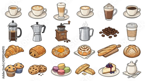 Cute breakfast café elements vector set. Dessert, bread, coffee cup, grinder, and sweet pastries illustrations in hand drawn style.