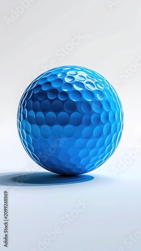 A bright blue, dimpled sphere rests against a white backdrop
