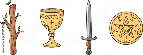 Artistic vector doodle illustration of minor arcana tarot cards featuring traditional suits of wands cups swords and pentacles set in a mystical hand-drawn style for divination and occult design