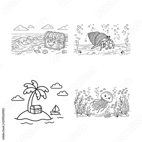 Magical sea adventure scene set featuring smiling treasure chest on sandy beach hermit crab in patterned shell small island with palm tree and jellyfish swimming through ocean plants vector art.