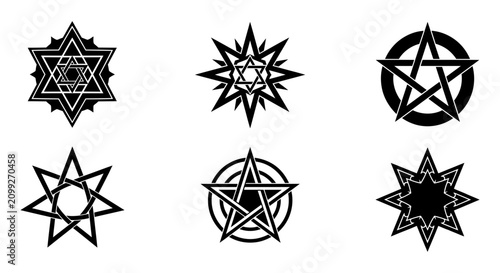 Fotografie Black star and pentagram symbols set occult vector icons