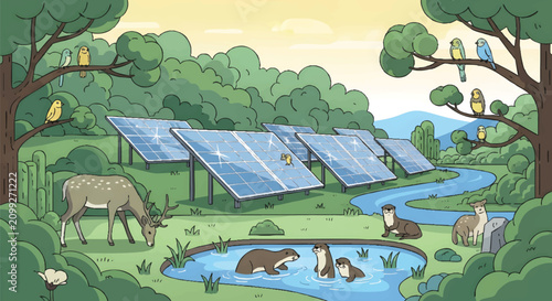 Foto Sustainable Solar Energy Farm in Lush Forest with Wildlife and Nature Illustrati