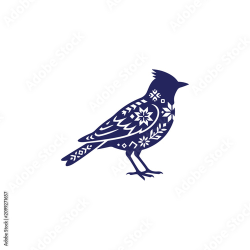 Elegant blue ornate bird illustration with intricate floral patterns and symmetrical design