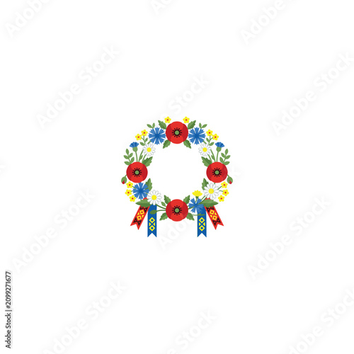 Colorful floral wreath with red poppies, blue cornflowers, and yellow daisies in a circular design