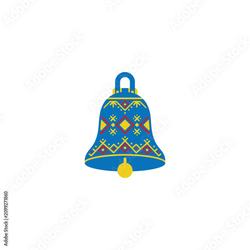 Flat design blue Christmas bell with gold clapper and geometric pattern icon vector