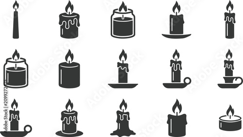 Foto Set of halloween candle icons, including various types of candles with flames is