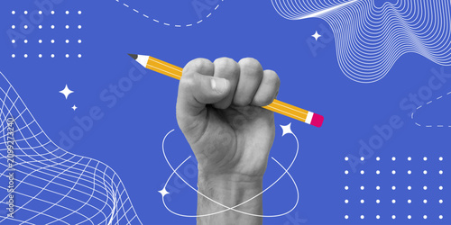 Hand Holding Pencil Collage Halftone. Trendy Banner with Cutout Collage Arm Hold Pencil Modern Y2K Elements. Halftone Back to School Concept Vector Design School Education University Business Office.