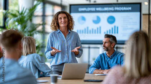 Faceless employee wellbeing program overview displayed on digital screen during HR presentation in modern corporate training room, wellbeing communication concept, corporate