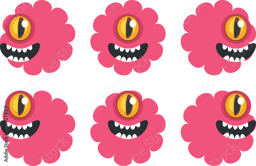 Obraz na płótnie A professional vector collection of six pink one-eyed fluffy monsters each showing a happy expression