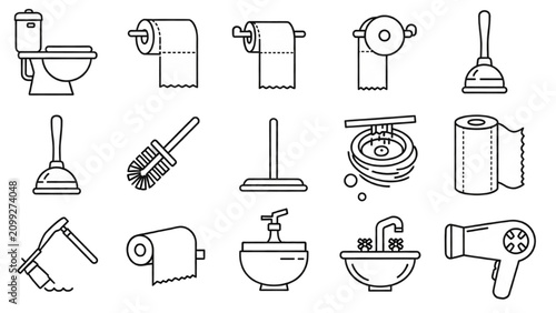 Vector Icon Sheet of Various Bathroom Items and Cleaning Tools
