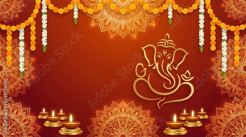 Golden Ganesha line art and sacred mandala patterns on a festive background, decorated with traditional marigold garlands and glowing oil lamps, ideal for spiritual Indian celebrations