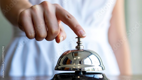 Customer pressing hotel reception service bell on counter close up
