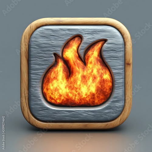 Square app icon, metallic fire symbol, wooden frame