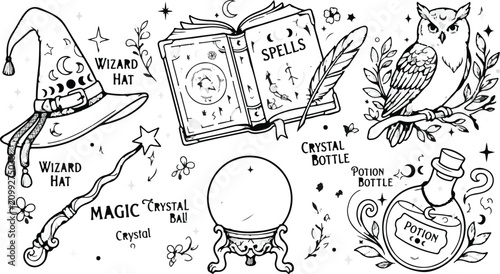 Foto Magic wizard spell icons with hat, book, owl, wand, crystal ball