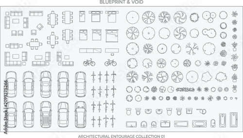 Top Down Architectural CAD Plan Blocks with Detailed Furniture Symbols Vehicle Icons Landscaping Elements and Bathroom Fixtures for Interior Design Floor Drafting and Technical Blueprinting