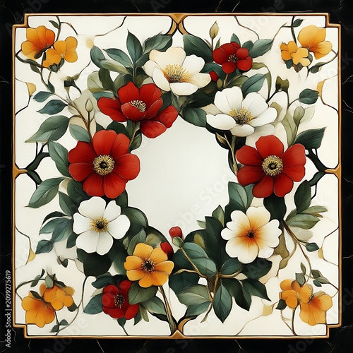 Square floral artwork featuring a wreath of red, white, and orange blossoms on a cream background with a dark border
