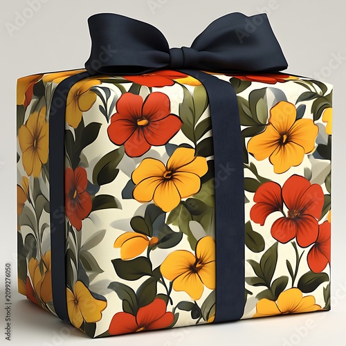 Square gift box with floral wrapping and dark ribbon