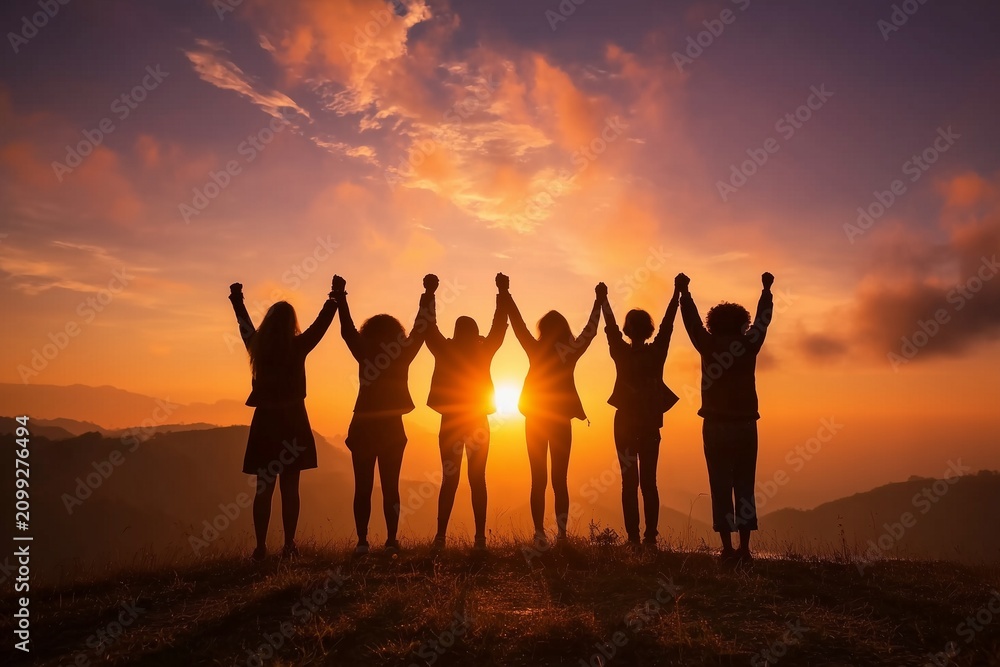 Fototapeta premium Friends Holding Hands at Sunset for International Day of Friendship, Unity and Togetherness