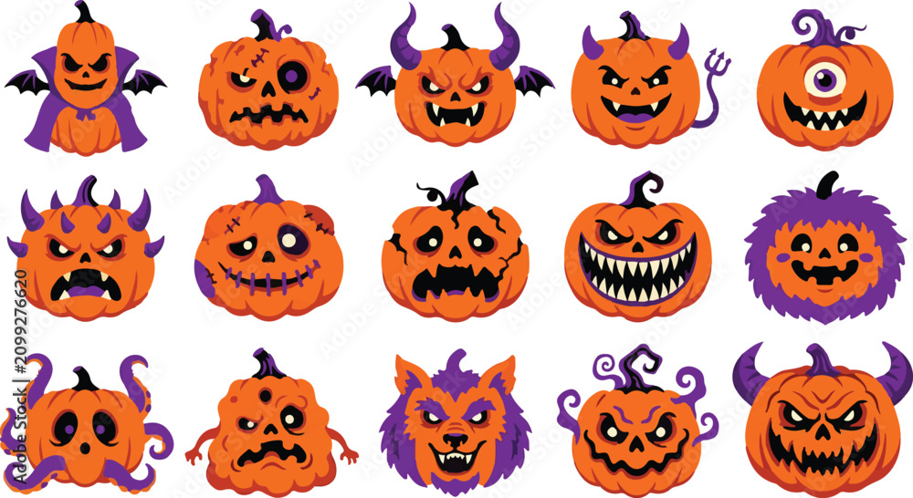 Fototapeta premium Halloween Monster Pumpkin Character Collection Vector Set Isolated