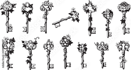 Set of vintage ornate keys decorated with floral vines and leaves in black and white vector illustration