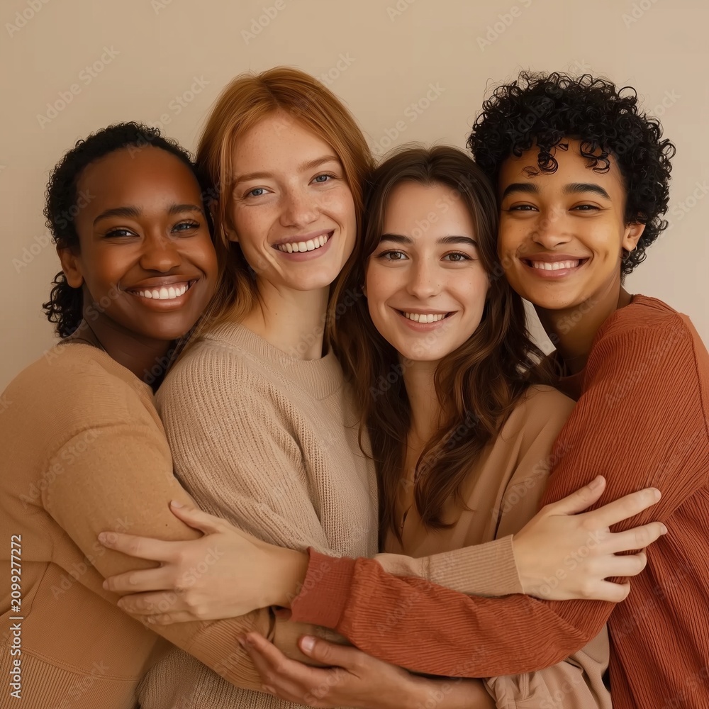 Fototapeta premium Diverse young women share a joyful group hug for International Day of Friendship and unity