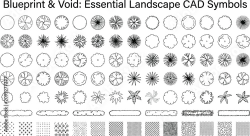 Essential collection of professional CAD vector symbols for landscape architecture design including diverse overhead tree plan views green shrub outlines and botanical plant layout icons.