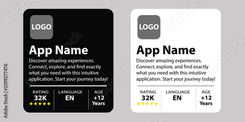 Mobile application store listing cards in dark and light themes with app name placeholder and rating stars isolated on transparent background
