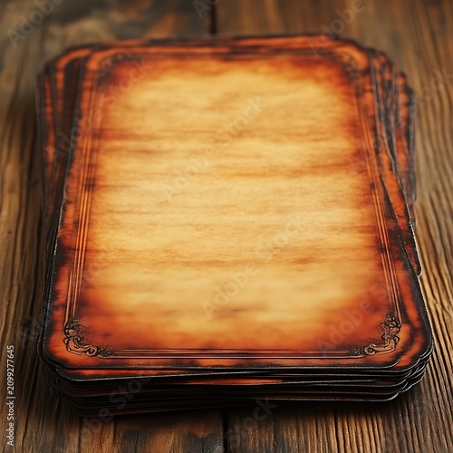 Stack of aged, ornate paper sheets on wood