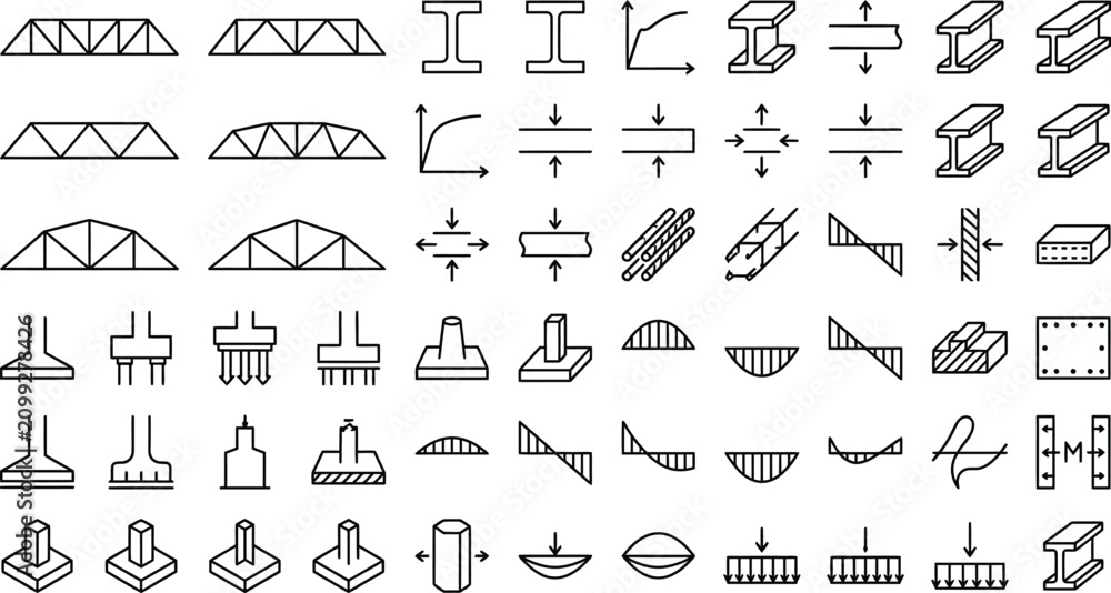 Obraz premium Civil Engineering Architectural Structural Components Linear Icon Set Representing Construction Mechanics Technical Blueprint Design Elements Isolated Vector Illustration