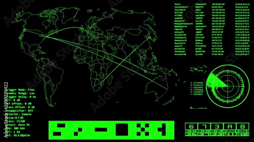 Retro Green Cyber Security HUD Interface with World Map and Radar Tracking